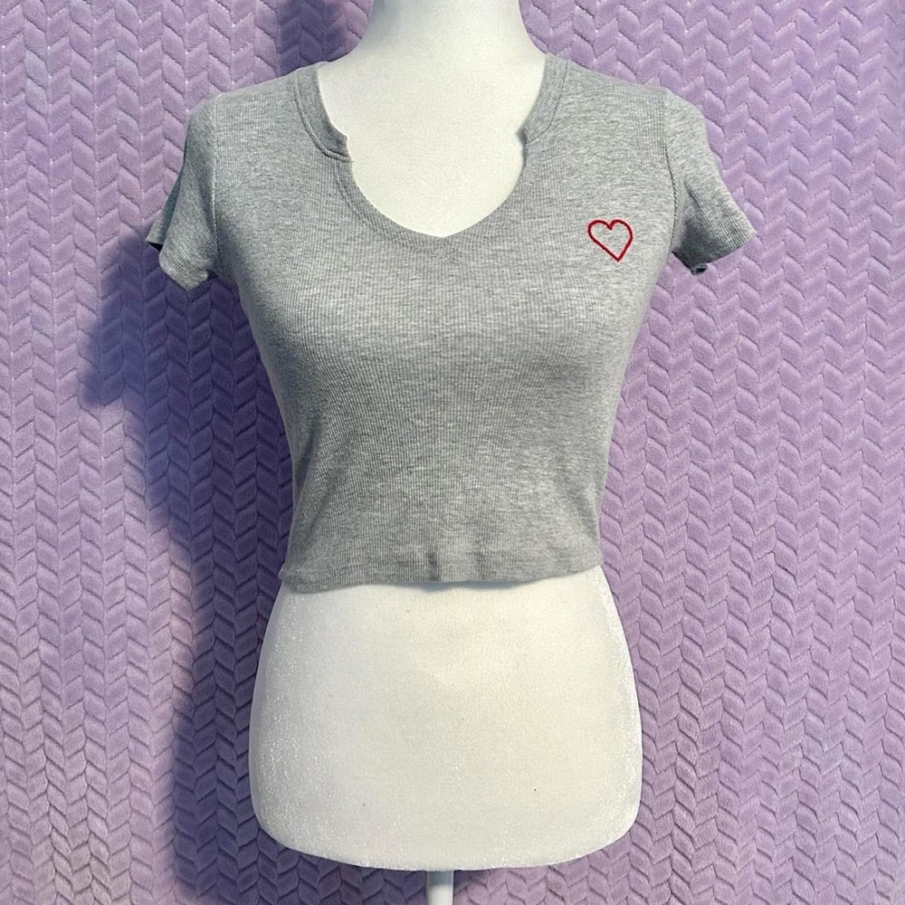 Hollister Gray Crop Top with Red Heart Embroidery